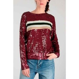 AVIU Bordeaux Sequin Striped Long Sleeve Sweater Size 46 Large US